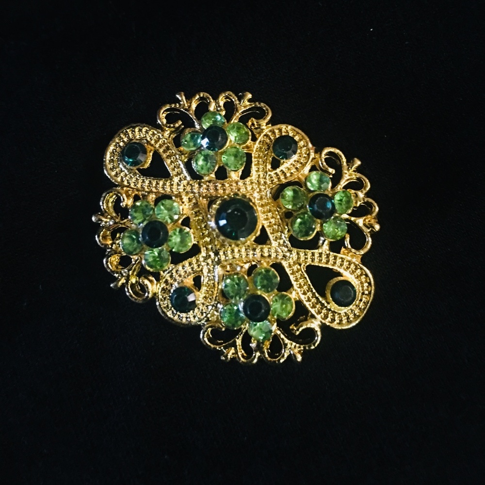 1” Gold Brooch w/Green and Blue Rhinestones